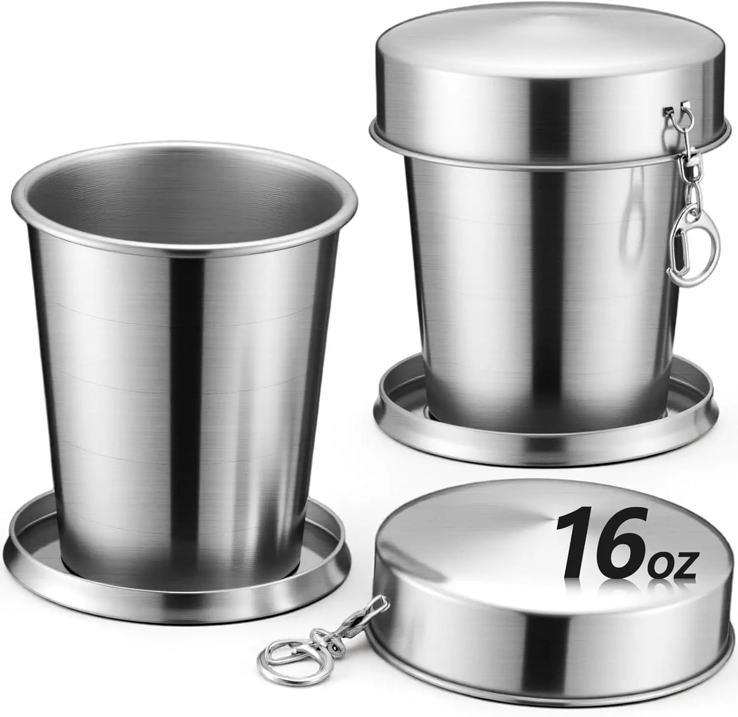 2 Pack 304 Stainless Steel Collapsible Cup 16 oz Folding Travel Cup with Lid and Keychain, Reusable Packable Camp Mug for Camping, Hiking, Picnic, Travel & Everyday Use