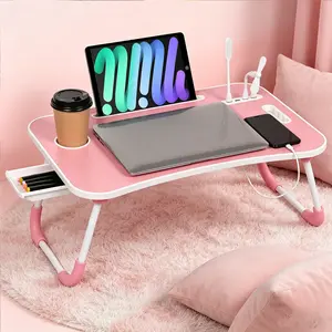 Large Portable Folding Desk, Office, Computer, Bed - Wooden Tray w/ Cup Holder, Drawer, USB, Fan, Light - Tiltable, Stable, for Bed/Sofa/Floor - Back-to-School Gift, Apartment