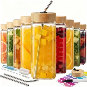 16oz Square Glass Juice Bottles with , 9 Pack  Juice Containers with  , Glass Juicing jars with 4 Straws & 2 Airtight Lid with Hole for Drinking