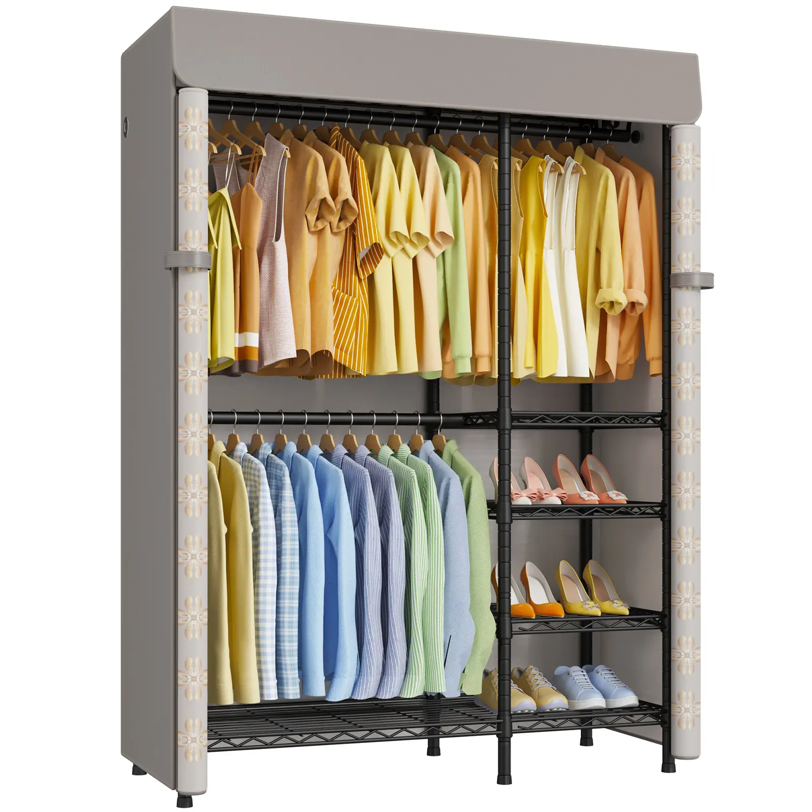 F2C Clothes Rack with Cover, Clothing Racks for Hanging Clothes, Heavy Duty Garment Rack with Shelves and Hanger Rods, White Closet with Beige Cover, 47.2" W x 16.5" D x 78.3" H, Load 630lbs