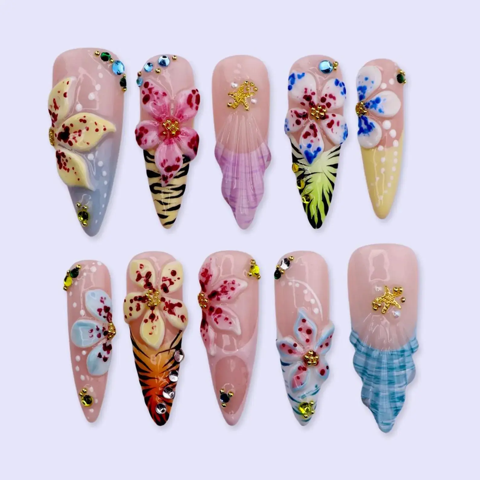 Summer Press On Nails With 3D Hibiscus And Shell | Long Almond Fake Nails | Tropical Handmade Nail Art For Beach Vacation, Party & Gift