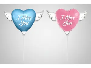 I Miss You Memorial Balloon on a Stick – 8" Heart Shaped with Angel Wings | Graveside Tribute | 2 Balloons, 2 Sticks & 2 Clips