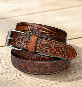 Tooled Western Cross Carved Leather Belt 100% Genuine Full Grain Cowhide Engraved Genuine Leather Cowboy Belt