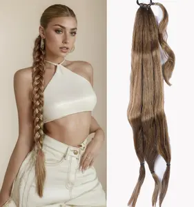 TwiceBeauty DIY Long Braid Ponytail Extension with Elastic Tie 32inch Straight Sleek Wrap Around Hair Extensions Braid Pony Tail Natural Soft Synthetic Hairpieces for Women Daily Wear Dark Brown Mixed Honey Blonde