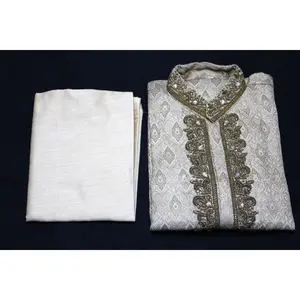 Bollywood Style Kurta Pyjama Set in Beige with Hand Embroidery