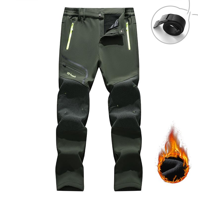 Men's Winter Fleece Lined Warm Pants Outdoor Hiking Durable Plush Spliced Design Multi-pocket Thermal Trousers with Adjustable Waist