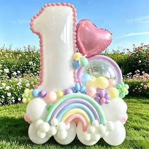 63 Piece Macaron Rainbow Number Balloon Set, Includes 32 Inch Number, Heart Aluminum Foil, Perfect for Kids Birthday Parties