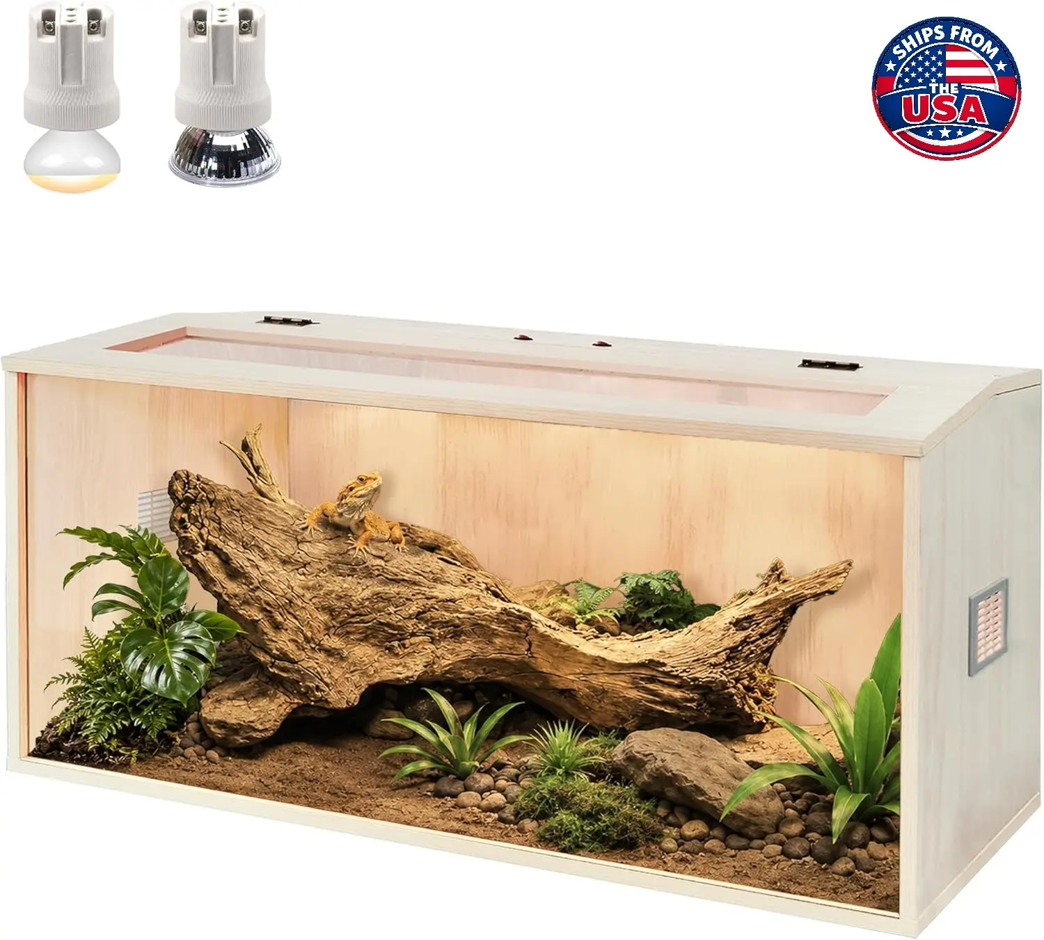 PROLEE 34-Gal Wood Rectangle Bearded Dragon Terrarium - Scratch-Resistant Tempered Glass Reptile Habitat, Natural Grain, Large Space, Built-In Lighting Sockets, Ventilated Top (32x16x16 in)