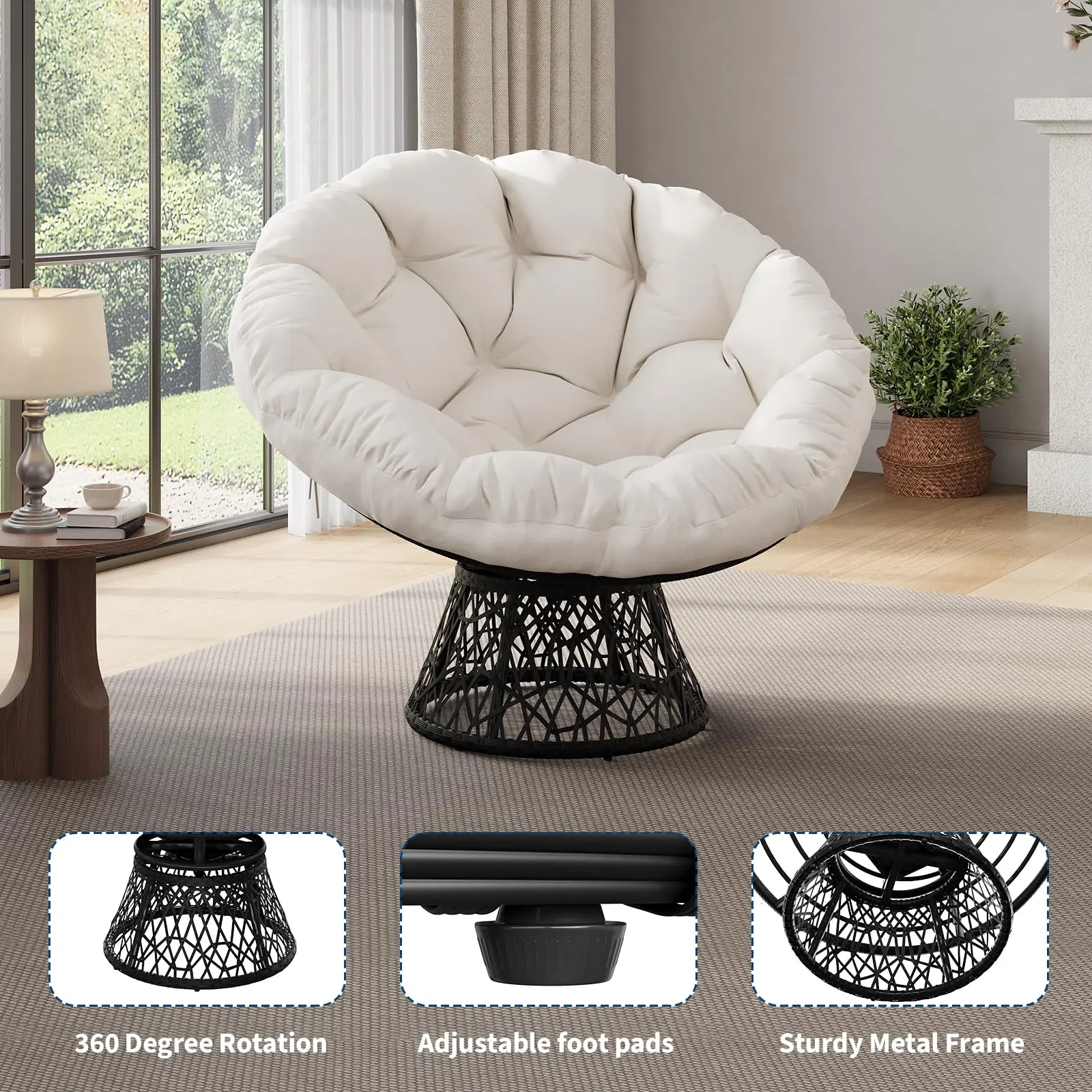 GARVEE 360° Swivel Chair with Extra Thick Soft Cushion, 37" Modern Wicker Moon Chair, All Black Ergonomic Lounge Chair for Bedroom, Reading Nook & Cozy Corner