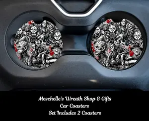 Horror Villains Black and White Car Coasters, Stylish Coasters for Car Interior Upgrade, Functional Automotive Decoration Accessories