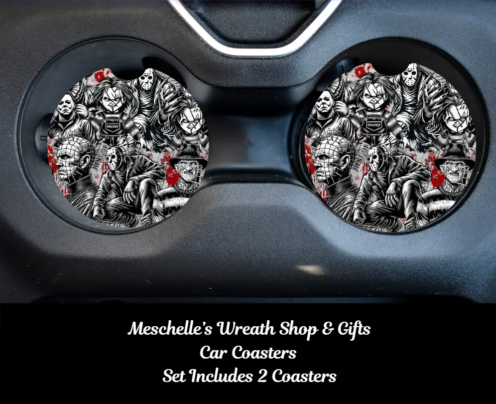 Horror Villains Black and White Car Coasters Set, Gothic Car Accessories, Stylish Functional Automotive Interior Decoration for Vehicle Upgrade, Car Interior Decorative, Aesthetic Car Accessory