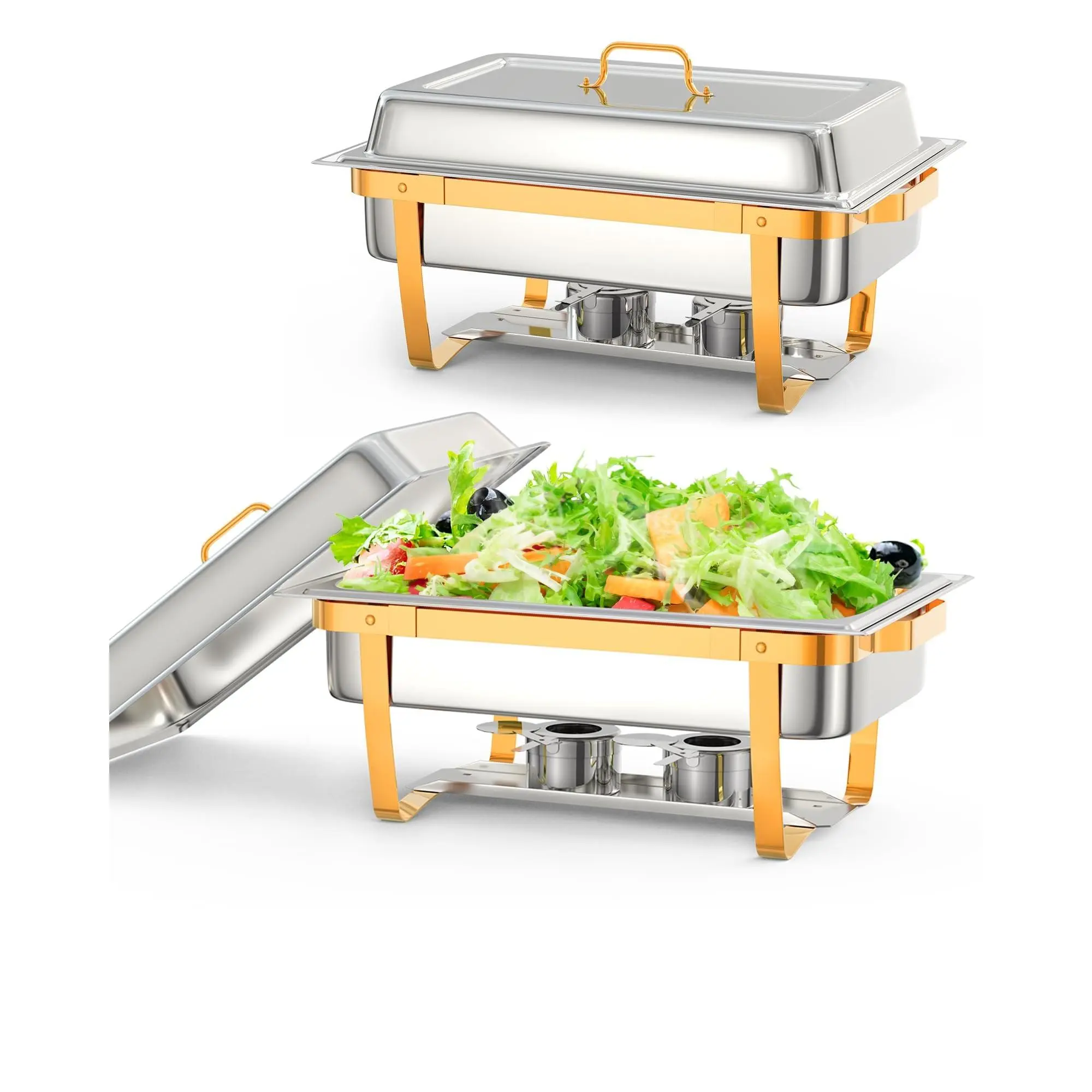 GARVEE 2-Pack 8QT Rectangular Heavy-Duty Stainless Steel Chafing Dishes with Lids, Gold Food Warmer Sets with Pans & Tray for Catering, Weddings, Parties, Banquets