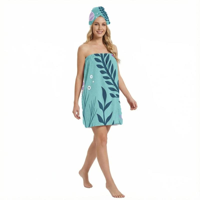 2pcTurquoise Strapless Towel Wrap for Women with Dark Blue Leaf Pattern and Matching Head Wrap Post-Bath Perfect for Spa, Pool, Beach, and Travel Adjustable Shower Wrap Towel with Home Hotel Bath Towel Nightgown for Sauna Beach Pool Gym Travel