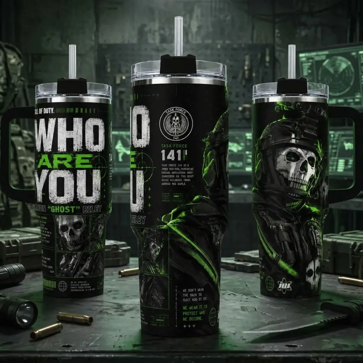 Call of Duty Tumbler, Simon "Ghost" Riley Task Force 141 40oz Cup with Handle, FPS Gaming Stainless Steel Cup, Inspired Insulated Tumblers Featuring Epic Green Mask Design, Fan Gift For Gamer