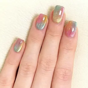 24 Piece Cat Eye Gradient Press-On Nails, Short Square Design, Durable Abs Material, Glossy Finish, Mixed Color System, Easy Use Nail Tips, Iridescent Glitter
