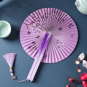 Chinese Folding Paper Fan, Ancient Style Handheld Tassel Round Fan, Hanfu Cheongsam Classical Fans for Women, Ladies' Fan