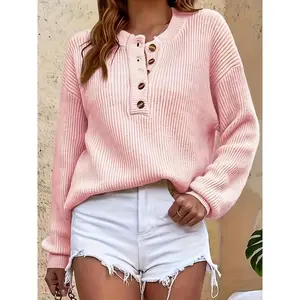 Women's Pink Crew Neck Sweater with Button Details, Soft Long Sleeve Pullover for Fall Winter, Cozy Casual Knitwear