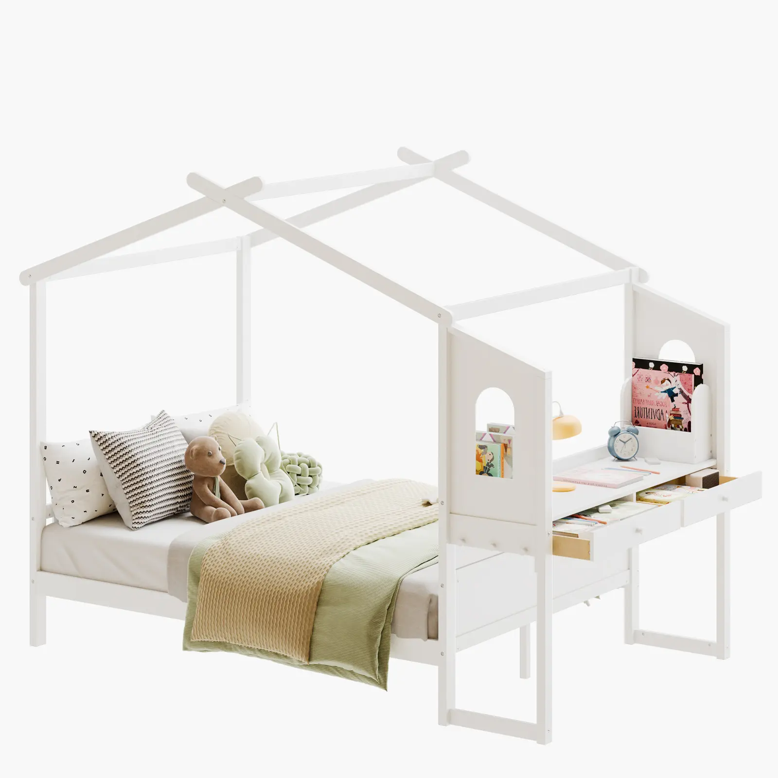 Sweetcrispy Kids Twin House Bed Frame with Study Desk, Solid Wood Montessori Bed with 2 Drawers and Removable Storage Box, Toddler House Bed with Fence for Boys/Girls, White Finish