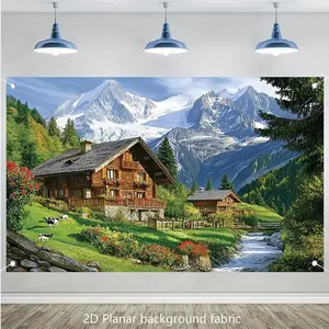 1pc 2D Flat Wall Decor Banner Ornaments - Swiss Alps Snowy Peaks Village Scenery Backdrop with Cowbell, Wooden Cabin, Durable All-Season Home & Party Supplies for Living Room, Anniversary Events