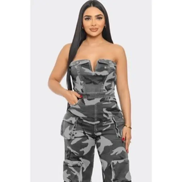Eye Catcher Camo Strapless Tube Cargo Utility Jumpsuit