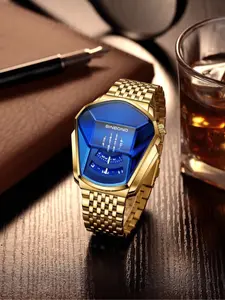 Men's Business Quartz Watch, Irregular Geometric Gold Blue Color Dial, Fashion Party Daily Wear, No Box Birthday Gift, Trendy Versatile Wristwatch