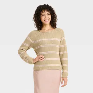 Women's Knit Pullover Sweater - A New Day Beige/Pink Striped XS
