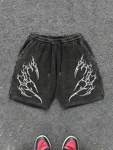 Unisex Washed Angel Cross Thorn Print Shorts, Gothic High Street Aesthetic Loose Drawstring Five-Quarter Pants, Summer Streetwear Couple
