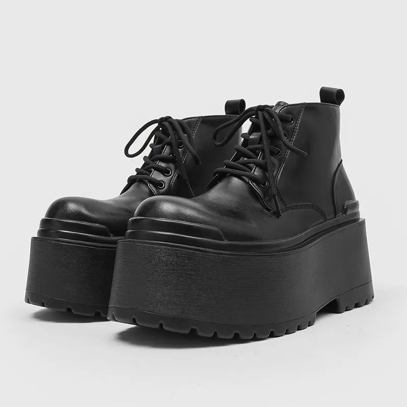 Unisex Chunky Platform Ankle Boots Lace Up Round Toe Combat Boots Lug Sole Height Increasing Punk Street Style Motorcycle Boots Fashion Casual Shoes