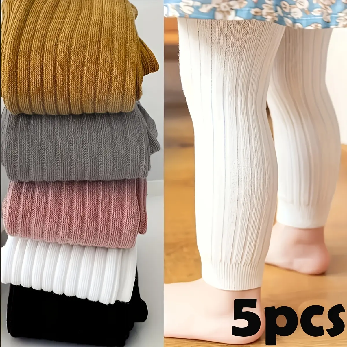5pcs Girls' Ribbed Leggings - Soft, Stretchy, Vibrant Colors, Comfort Fit, Polyester/Spandex Blend, All-Season Wear, Hand Wash Only