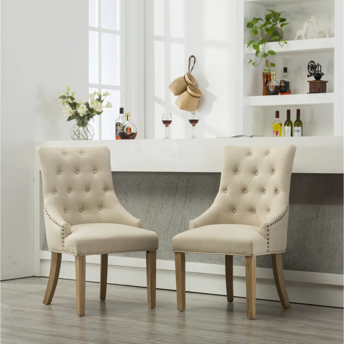Wingback Dining Chairs (Set of 2) - Tan Polyester Button-Tufted Solid Wood Hostess Chairs with Nail Head Trim, Traditional Indoor Furniture, 22"w x 17"d x 20"h, Some Assembly Required