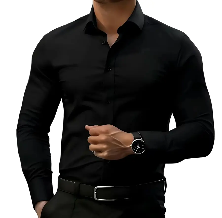 Men’s non-stretch slim-fit Long Sleeve shirt; casual button-front dress shirt suitable for semi-formal and business-casual occasions; men’s formal inner layer; solid-color pointed-collar button-front Long Sleeve shirt; menswear, Plain