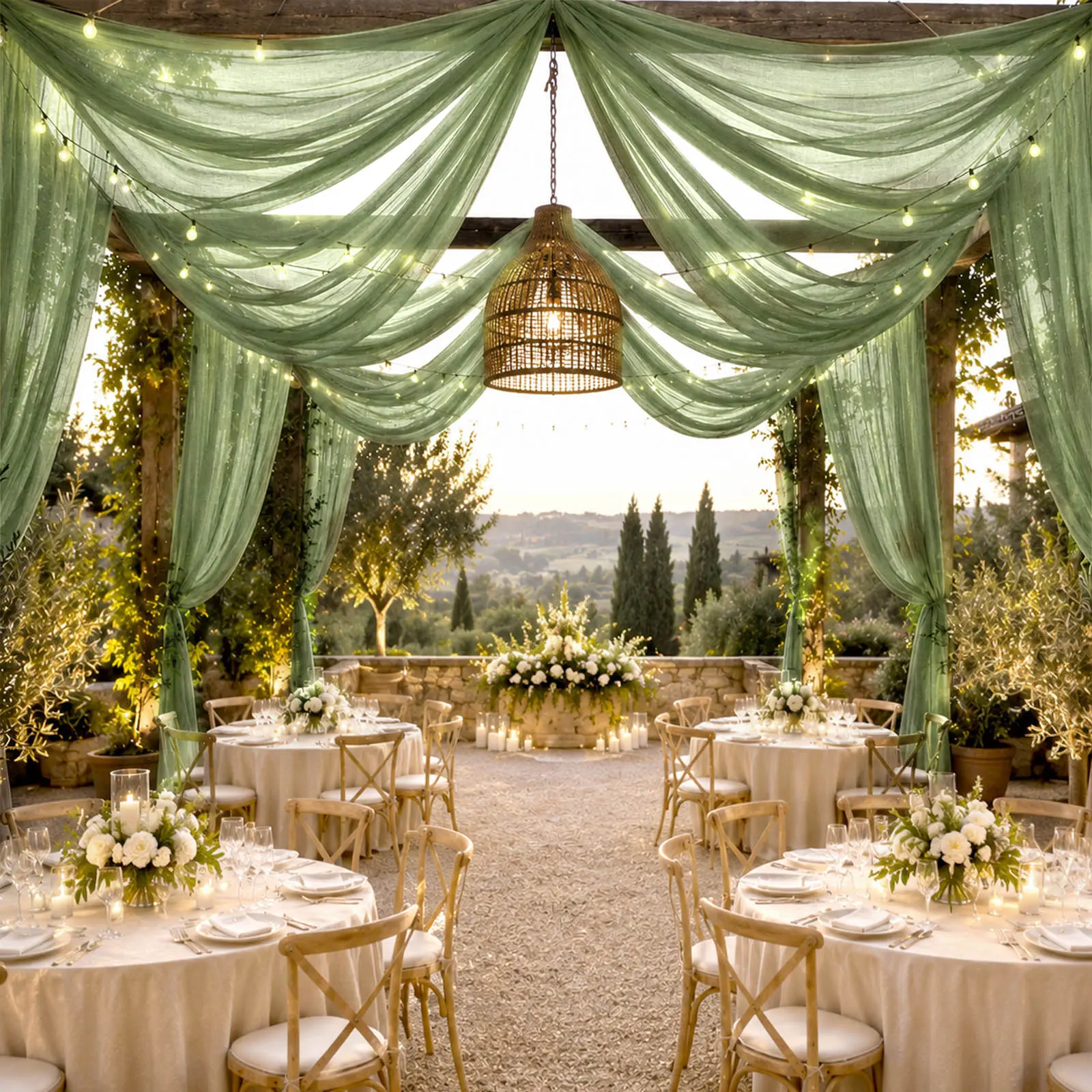 Sheer Ceiling Drape – 10ft x 32ft Dusty Sage Green Extra Long Drapery Panel for Wedding Canopy, Backdrop & Reception Décor