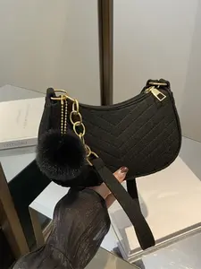 Women's Fashionable Single Shoulder Bag, Pure Color Wool Ball Design, Fresh Style Small Square Crossbody Bag, Trendy Daily Accessory, Casual Shoulder Bag, Fashionable Unique Bags