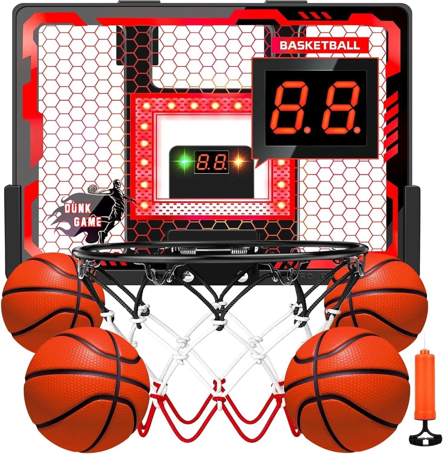 Indoor basketball hoop with LED scoreboard and four balls