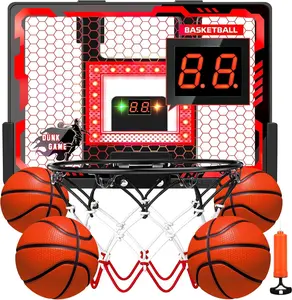 Indoor Basketball Hoop Pro for Kids, Over The Door Basketball Hoop Indoor with LED Light/Scoreboard/4 Balls- Upgraded Anti-Impact Backboard, Basketball Toys Gifts for 6 7 8 9 10 11 12 Year Old Boys chain net