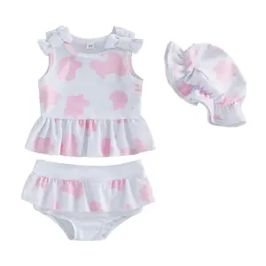 1-4T Toddler Baby Girl Swimsuit Set Printed Sleeveless Ruffled Swim Tops Thongs with Sun Cap 3Pcs Bathing Suit Outfit