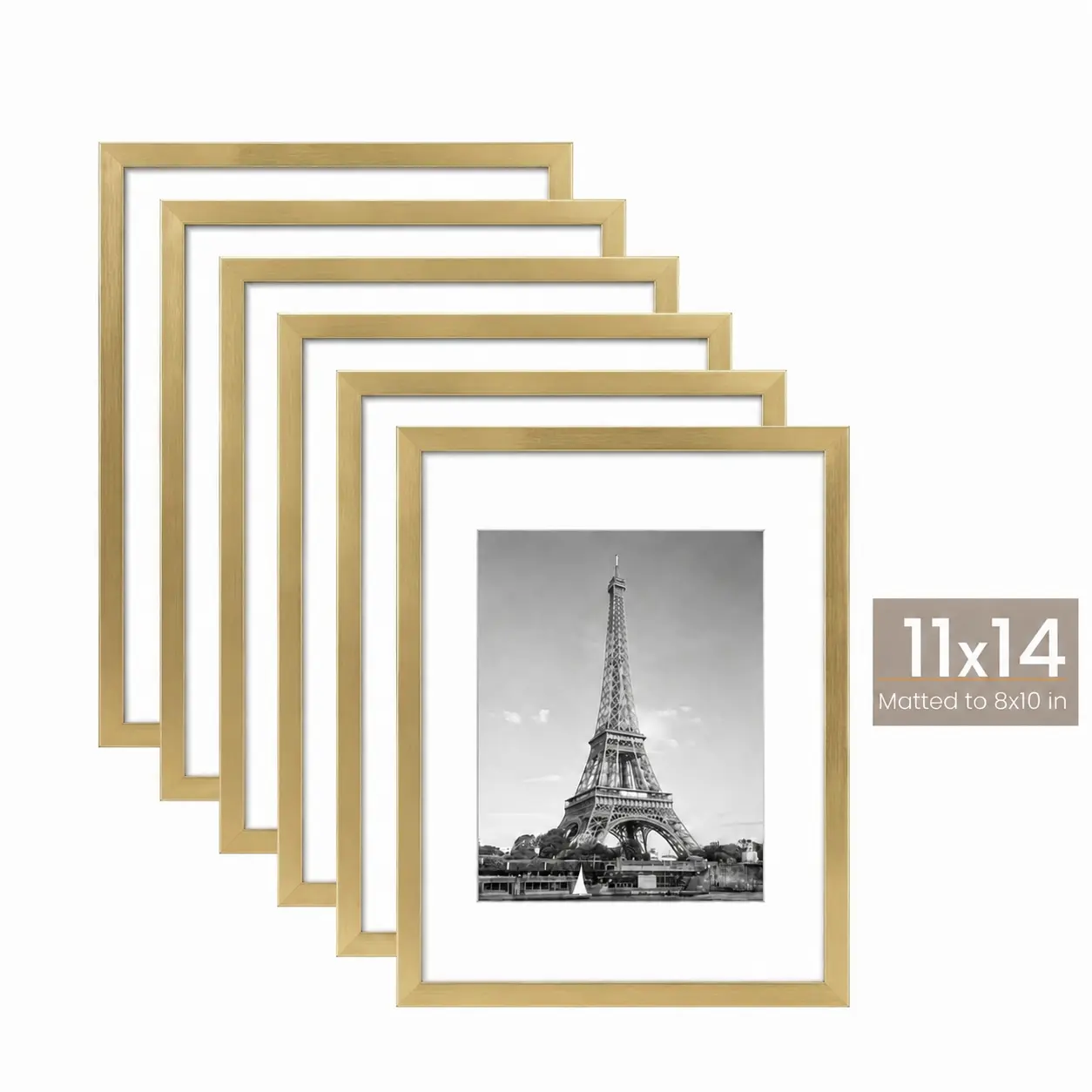 11x14 Picture Frame Set of 6 or 2, Perfect for Couples & Families, Display 8x10 with Mat or 11x14 Without Mat, Wall Gallery Photo Frames, Black/White/Gold Decor Plastic Light