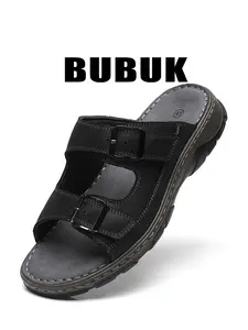 BUBUK  Men's Full-Grain Leather Slip-On Sandals, Casual Beach Footwear for Indoor and Outdoor, Comfortable Summer Shoes