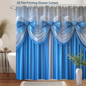 Shower Curtain Blue And White with Bows, Designed Elegantly with Vertical Silver-Patterned Wallpaper, Valentines Decoration for Home