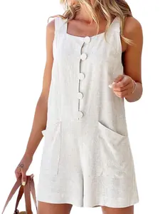 CHARTOU Women Summer Wide Leg Shorts Romper Front Button Cotton Linen Sleeveless Shorts Overall