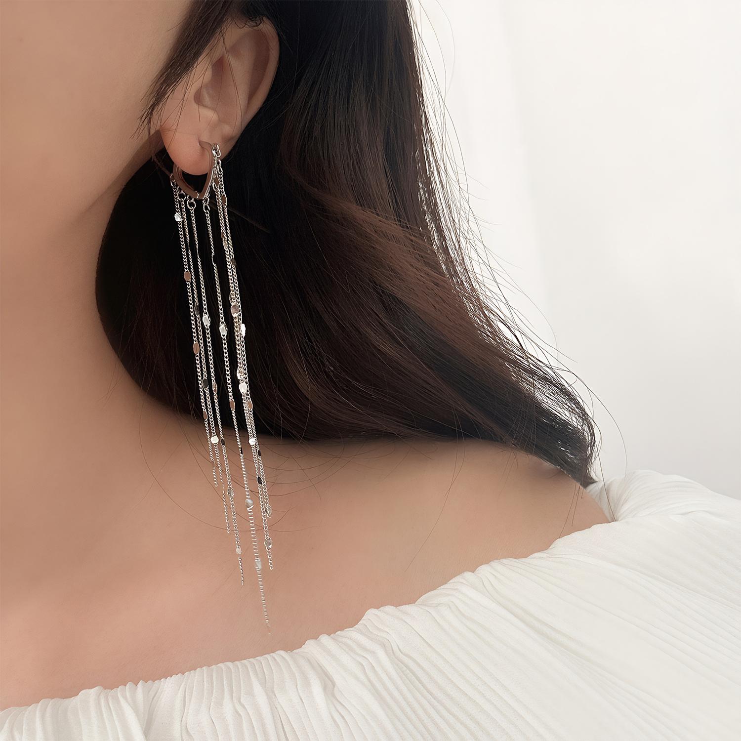 Women's 2Pcs Plated Metal Long Chain Threaded Tassel Earrings - Hypoallergenic, Lightweight Statement Jewelry for Bride Party, Ideal Mother's Day Gifts