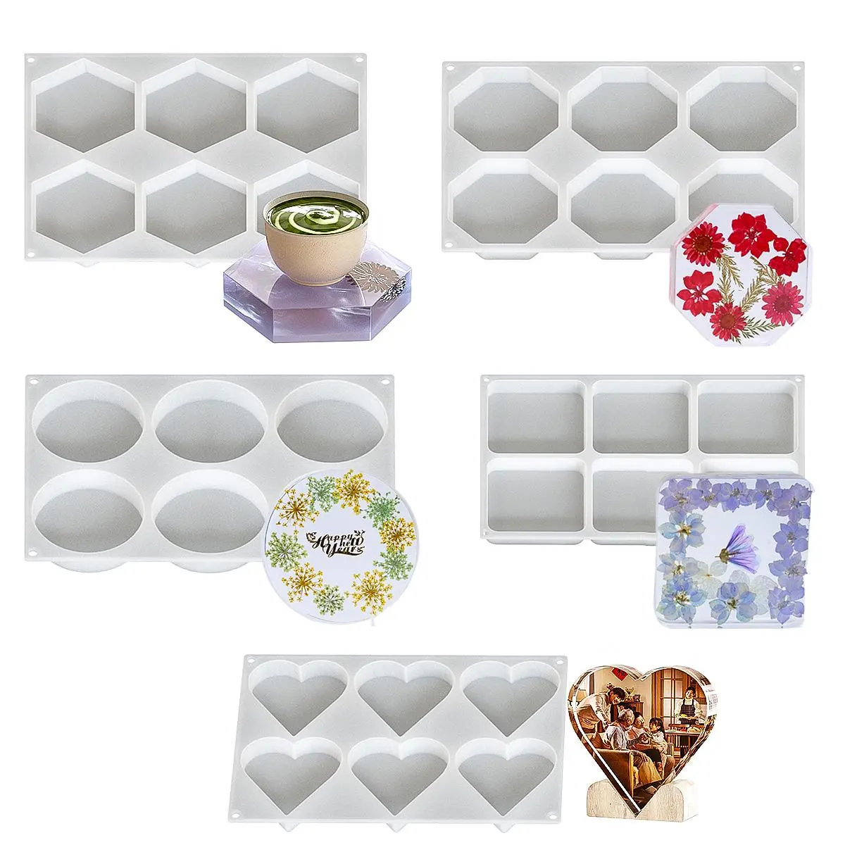 6 Holes Coaster Silicone Mold DIY Handmade Geometry Shape Thick Cup Mat Tray Crafts Ornament Plaster Resin Casting Mold Home Dec