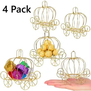 4 Pack Gold Metal Cinderella Pumpkin Carriage Candy Box – Princess Carriage Centerpiece for Wedding Birthday Party Table Decor outdoorfun