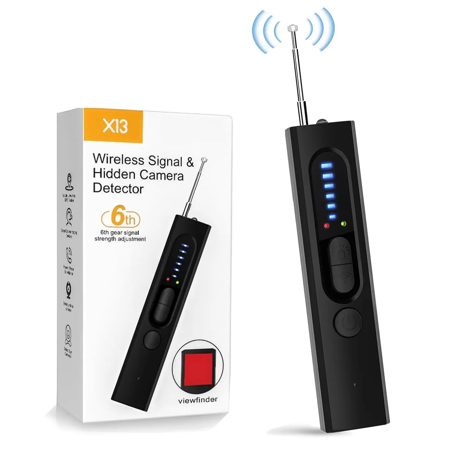 Hidden Camera Detectors, Spy Camera Detector, Car GPS Tracker detector, Bug Detector, RF Signal Detector, Listening Device Detector, 6 Levels Sensitivity, 4 Detection Modes, 30H Working Time for Travel, Car, Bathroom, Office, Hotel, Airbnb, Rental