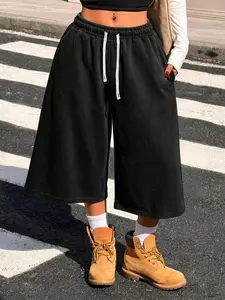 Women's Loose Fit Three-Quarter Pants, Casual Drawstring Waist, Y2K Street Style Trend, Ideal for Running, Vacation, Outdoor Activities