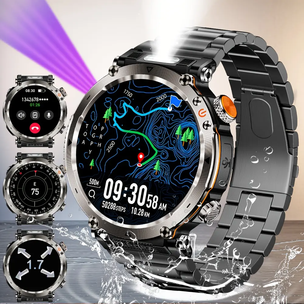 1.7-Inch Outdoor Sports Smartwatch, Suitable for Men, Support Wireless 5.0, 360P IPS Display, Alloy Body, Silicone Strap, 600Mah Rechargeable Battery, More Than 100 Sports Modes, Compass, Talk Function, USB Charging, Super Flashlight