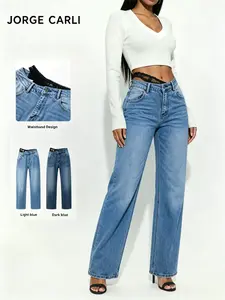 Jorge Carli Asymmetrical Waist Jeans, Lace Underneath Design, Fashion Washed Straight Leg, Casual Commute Business Style