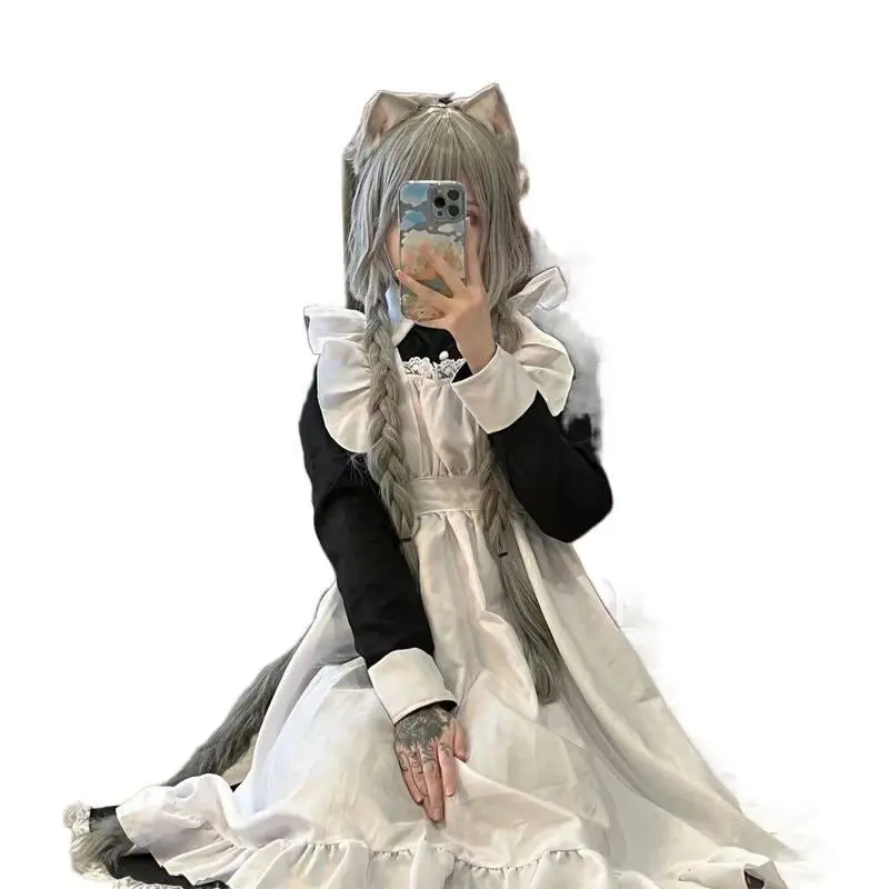 Plus Size Menswear Maid Costume, Long Traditional Anime Fashion Dress with Ruffled Apron and Lace Trim for Party Cosplay, Fabrics, Drape, Aesthetics, Clothes, Linen, Ruffleapron, Garment, Classic