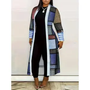 Color Block Geometric Print Cardigan, Casual Long Sleeve Open Front Long Cardigan, Women's Fashion