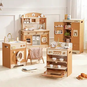 ROBUD Wooden Kids Kitchen PlaySet Series - Caramel, Kids Toy Kitchen Set with Realistic Design, Utensils, Ice Maker, Fridge, Oven, Washer, Modern Style Play Kitchen with Accessories, Ideal Gift for Boys & Girls